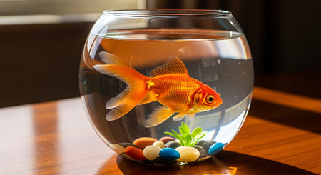 Goldfish in a glass bowl on a wooden table, close up
