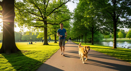 Man walking with his dog in a park on a sunny summer dayの写真素材