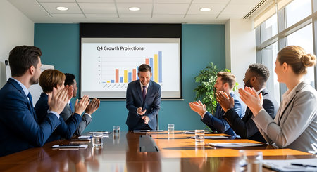 Group of business people applauding during a meeting in a conference room