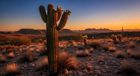 Saguaro National Park at sunset, Arizona, United States.の写真素材