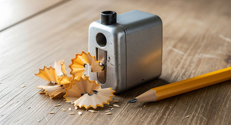 Pencil sharpener with sharpening shavings on wooden tableの写真素材