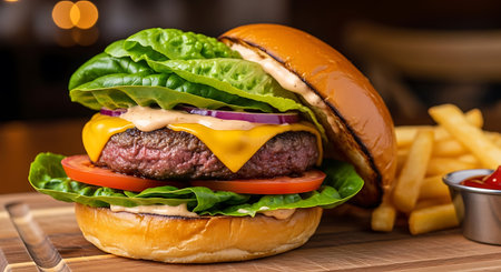 Cheese burger - American cheese burger with Golden French fries and fresh saladの写真素材