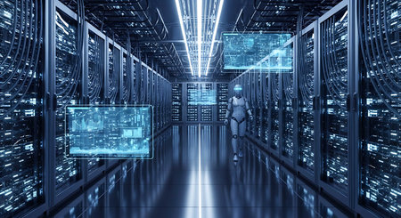 Server room data center. Backup, mining, hosting, mainframe, farm and computer rack with storage...