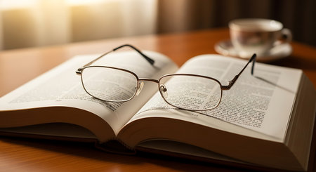 Glasses and book on a wooden table in the morning light.