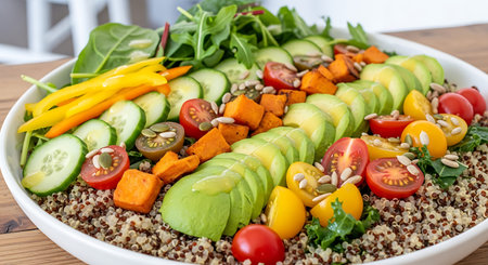 Healthy salad bowl with quinoa, avocado, tomato, cucumber and spinach