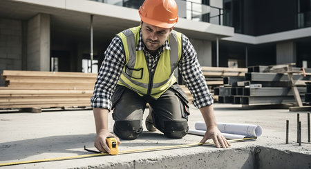 Architect or engineer working on a construction site with a measuring tapeの写真素材