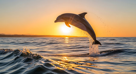 Dolphins jumping out of the water at sunset in the sea.の写真素材