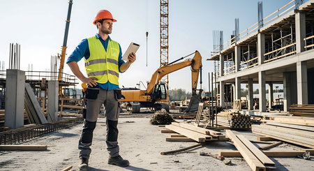 Portrait of a male construction worker on a building site background.