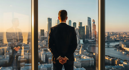 Businessman standing in front of window and looking at cityscape.の写真素材