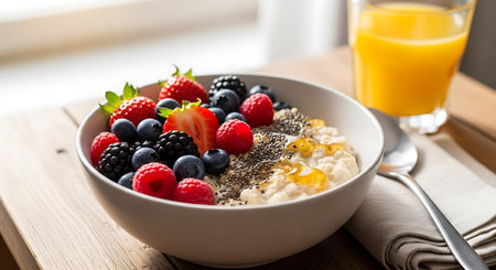 Healthy breakfast with oatmeal, berries, chia seeds and orange juice