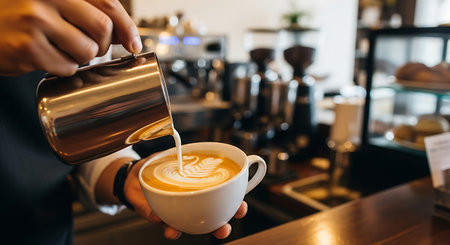 Barista pouring milk into a cup of latte art coffee.