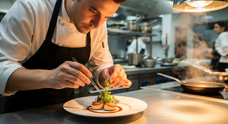 chef in hotel or restaurant kitchen preparing and decorating delicious foodの写真素材