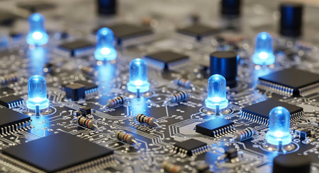 Close-up of electronic circuit board with blue led lights. Technology backgroundの写真素材