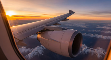 View from the window of an airplane flying above the clouds at sunsetの写真素材