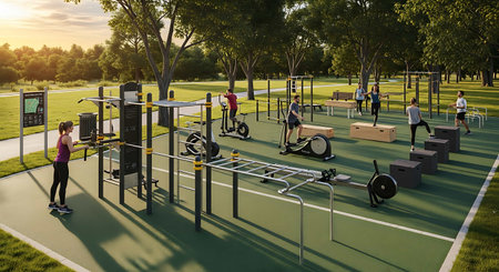 Group of people doing fitness exercises in the park. 3d rendering
