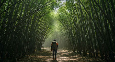 Man walking in bamboo forest, Bamboo grove, Thailand.の写真素材
