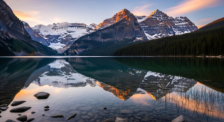 Lake Louise at sunrise, Banff National Park, Alberta, Canadaの写真素材