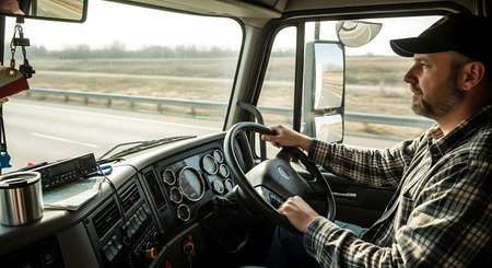 Handsome young man driving a car on a highway in the countryside