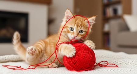 Cute ginger kitten playing with a ball of yarn on the sofaの写真素材
