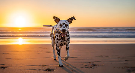 Adorable Dalmatian dog running on the beach at sunset.の写真素材