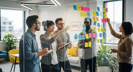 multiethnic business people brainstorming on sticky notes in modern office