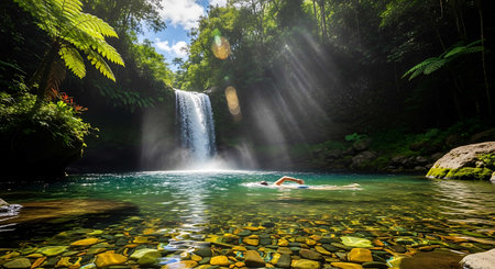 Person swimming in front of a waterfall