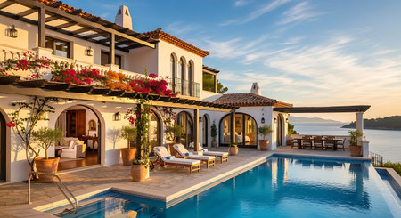 Luxury villa with swimming pool and sea view at sunset