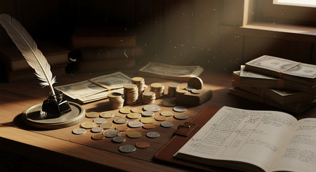 feather, books and coins on a wooden table in the darkの写真素材