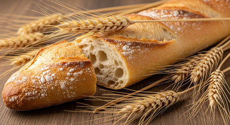 French baguette with wheat ears on wooden table, closeupの写真素材
