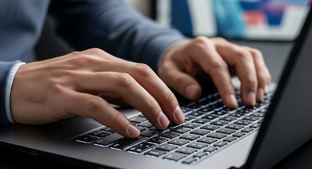 Close-up of man hands typing on laptop keyboard. Male hands typing on laptop keyboard.の写真素材