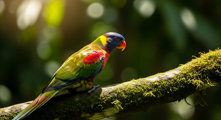Rainbow lorikeet on a branch in the rainforest