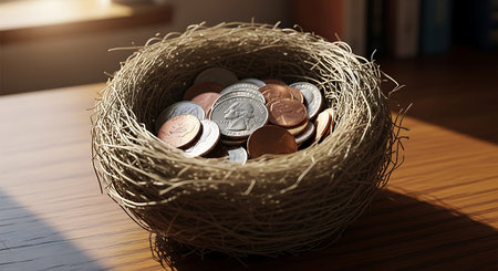 Birds nest with coins on wooden table. Business and finance conceptの写真素材