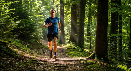 Young man jogging in forest. Healthy lifestyle and fitness concept.