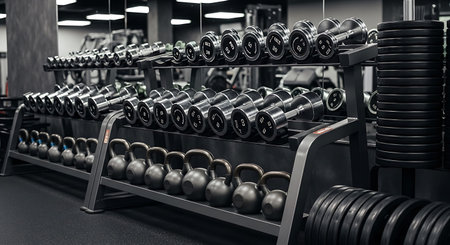 Dumbbells in a modern gym. Toned image.の写真素材