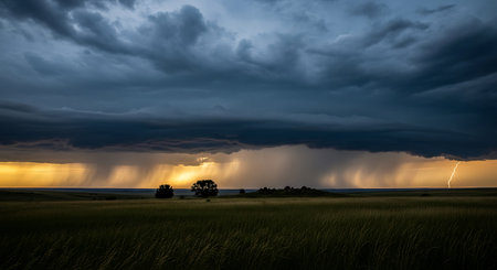 Rainstorm over the prairie in Saskatchewan, Canada. Dark stormy sky over the prairie.