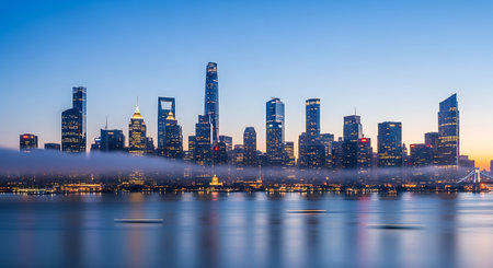 Shanghai skyline at night with fog over Huangpu river,China.
