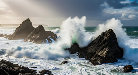 Beautiful seascape with stormy ocean waves crashing on rocks at sunset.の写真素材
