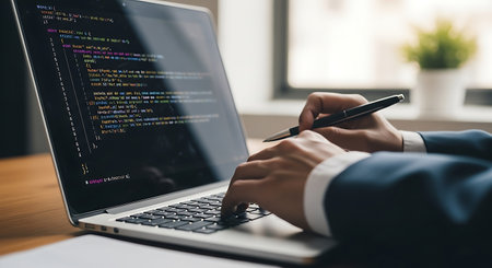 cropped view of programmer working with programming code on laptop in office