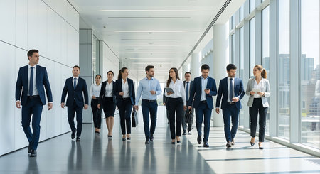 Group of business people walking in corridor of modern office building. Businessmen and businesswomen walking in corridor.の写真素材