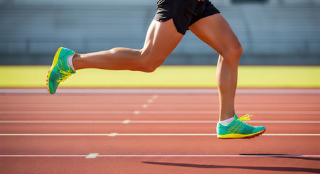 Close-up of a female athlete running on a track and fieldの写真素材