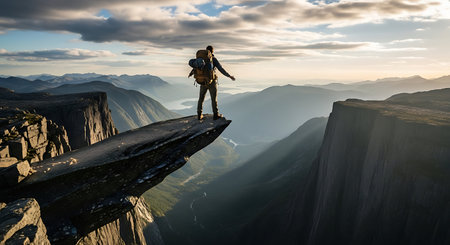 A woman with a backpack is standing on the edge of a cliff.