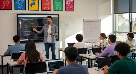Front view of young Caucasian teacher giving presentation to students in classroom. This is a...