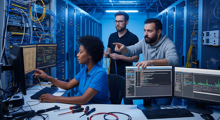 Multiethnic team of software developers working together on computers in server roomの写真素材