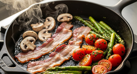 Fried bacon with asparagus and cherry tomatoes in a panの写真素材