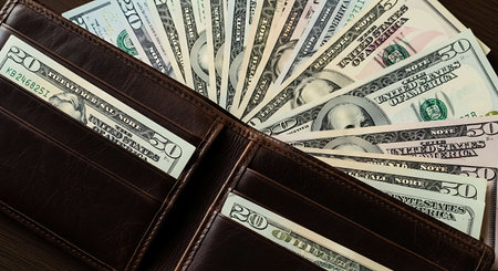 Dollars in a brown leather wallet on a wooden background.