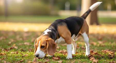 Beagle dog playing on the grass in the park. Selective focus.の写真素材