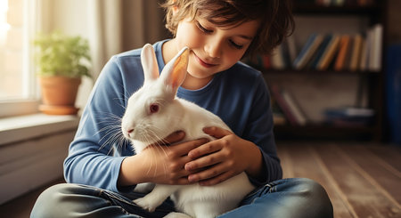 Cute little boy with white rabbit at home, closeup viewの写真素材