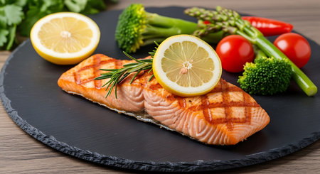Grilled salmon steak with lemon and vegetables on a black slate plateの写真素材