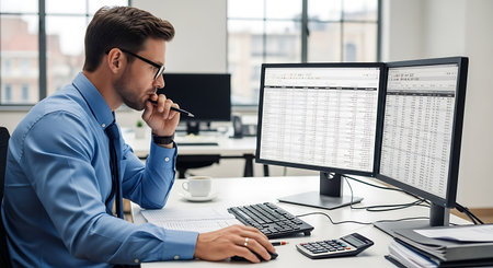 businessman in eyeglasses using computer with calendar on screen in officeの写真素材