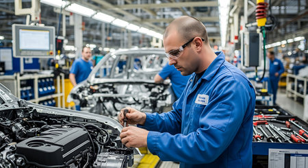 auto mechanic working on car engine in auto repair shop, maintenance and repair concept